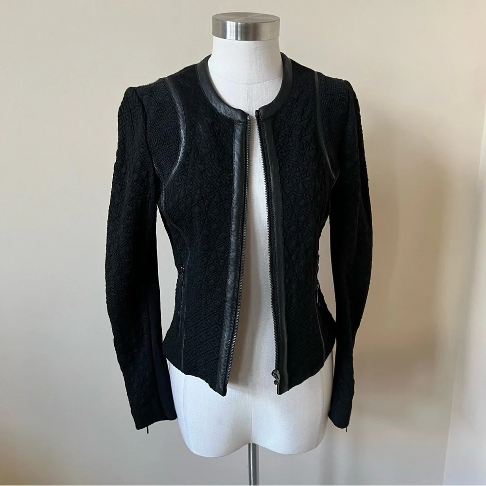Rebecca Taylor Quilted Faux Leather Trim Moto Jacket 17397